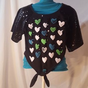 Justice black sequin top with hearts
